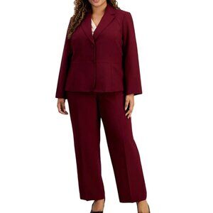 NWT Le Suit Plus Size One-Button Blazer Pants Suit Set 24W Wine MSRP $265
